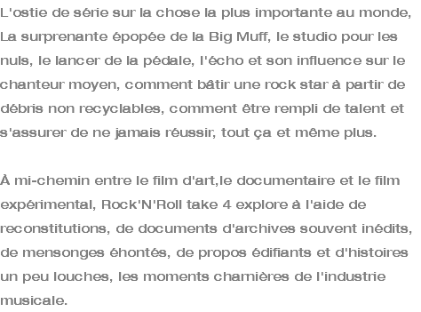 L'ostie de série sur la chose la plus importante au monde, La surprenante épopée de la Big Muff, le studio pour les nuls, le lancer de la pédale, l'écho et son influence sur le chanteur moyen, comment bâtir une rock star à partir de débris non recyclables, comment être rempli de talent et s'assurer de ne jamais réussir, tout ça et même plus. À mi-chemin entre le film d'art,le documentaire et le film expérimental, Rock'N'Roll take 4 explore à l'aide de reconstitutions, de documents d'archives souvent inédits, de mensonges éhontés, de propos édifiants et d'histoires un peu louches, les moments charnières de l'industrie musicale.